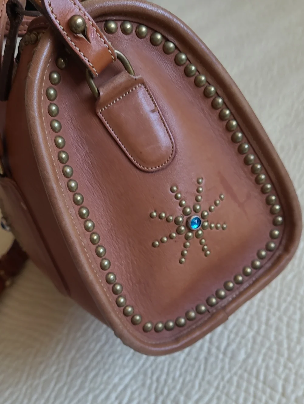 Coach Tan Leather Satchel with Turquoise Sunburst Accent - Picture 7 of 16